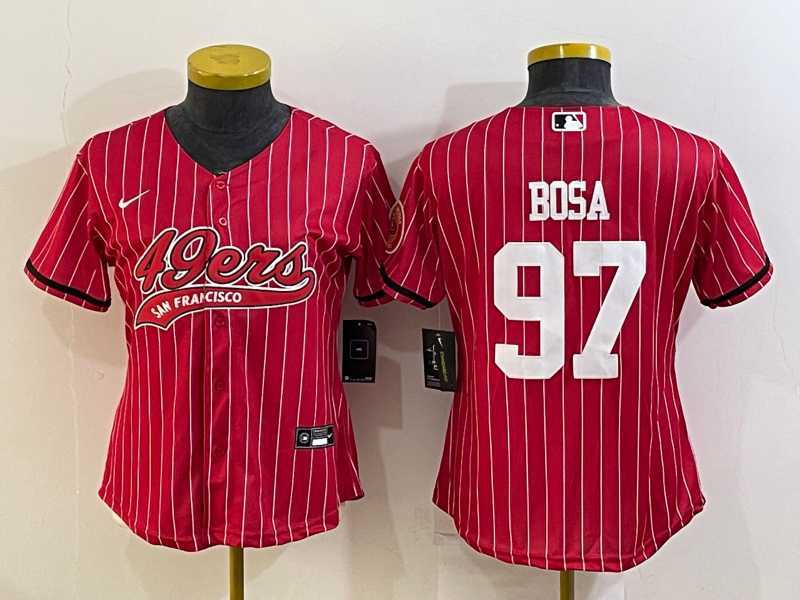 Womens San Francisco 49ers #97 Nick Bosa Red Pinstripe With Patch Cool Base Stitched Baseball Jersey->women nfl jersey->Women Jersey